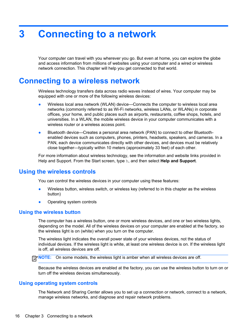 Connecting to a network, Connecting to a wireless network, Using the wireless controls | Using the wireless button, Using operating system controls, 3 connecting to a network, Connecting, 3connecting to a network | HP ENVY m6-1148ca Notebook PC User Manual | Page 26 / 92