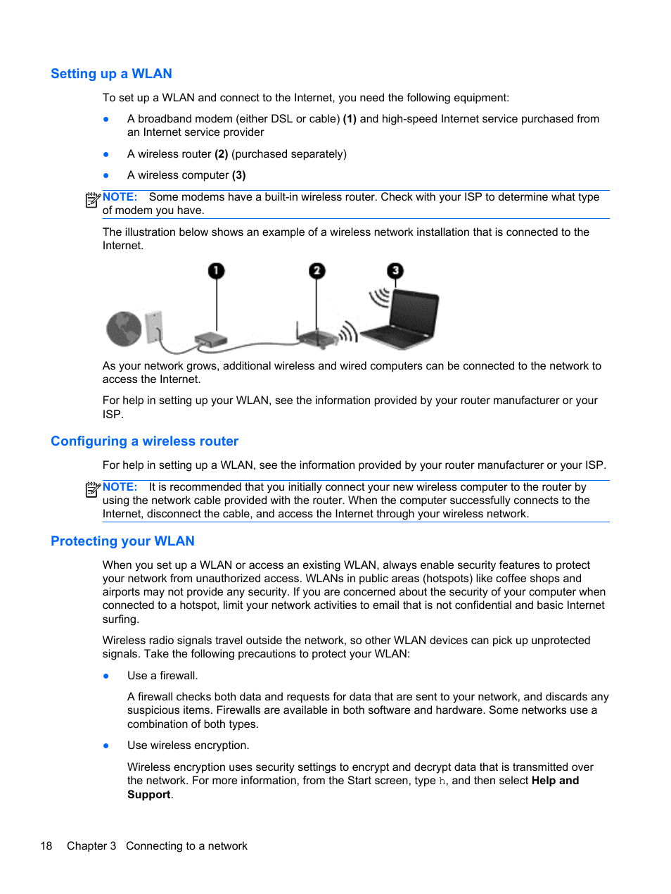 Setting up a wlan, Configuring a wireless router, Protecting your wlan | HP ENVY m6-1148ca Notebook PC User Manual | Page 28 / 92