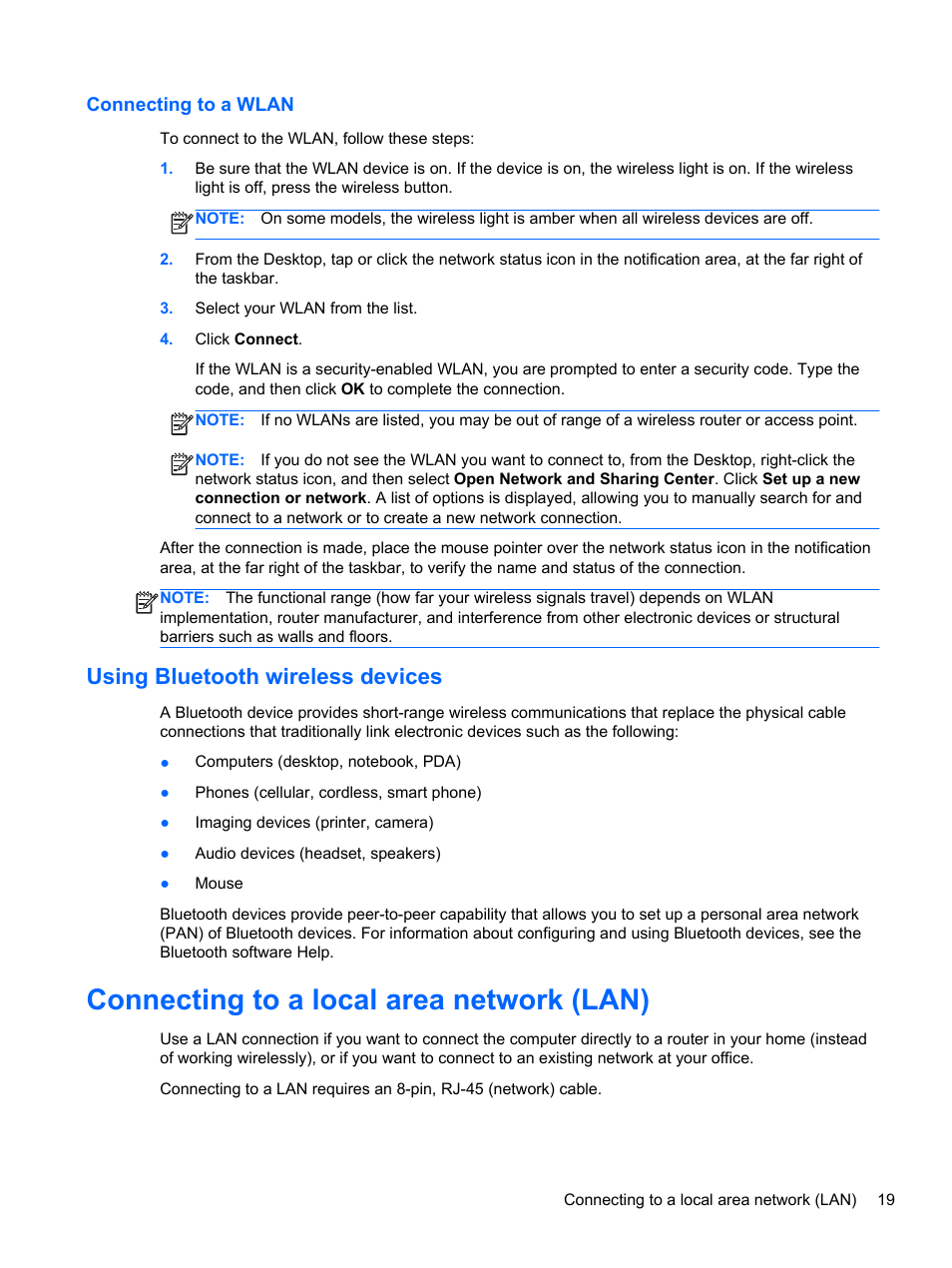 Connecting to a wlan, Using bluetooth wireless devices, Connecting to a local area network (lan) | HP ENVY m6-1148ca Notebook PC User Manual | Page 29 / 92