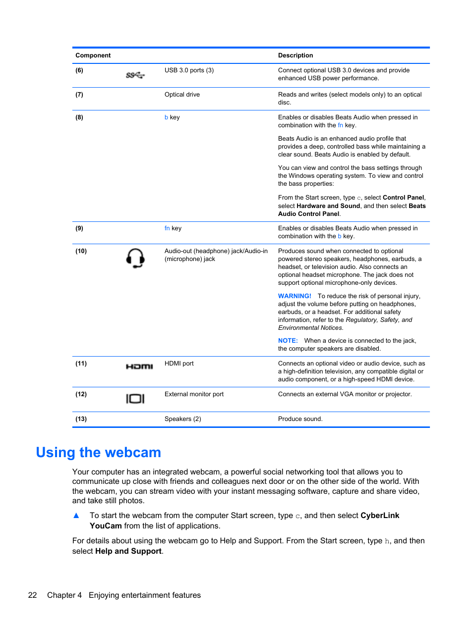 Using the webcam | HP ENVY m6-1148ca Notebook PC User Manual | Page 32 / 92