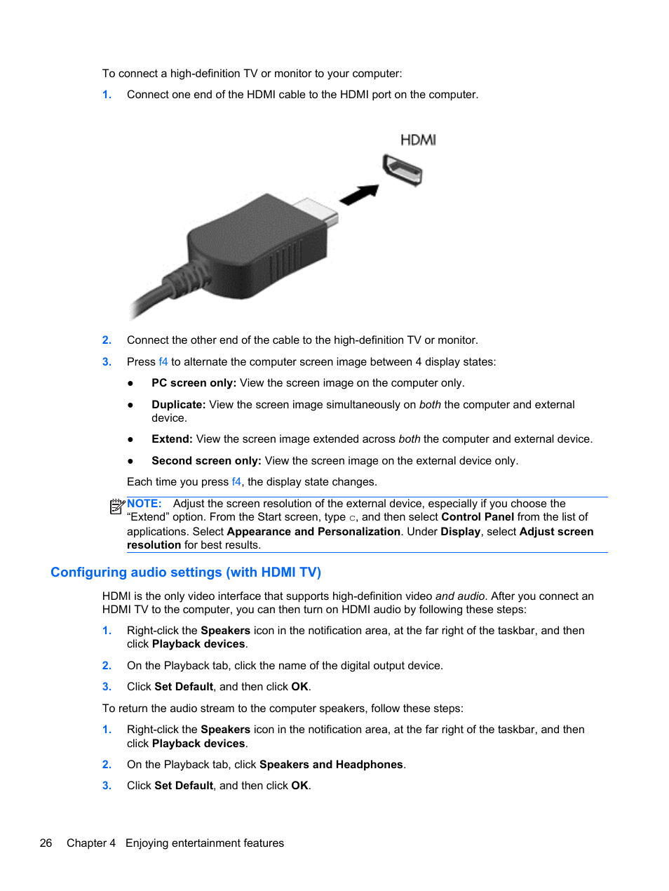 Configuring audio settings (with hdmi tv) | HP ENVY m6-1148ca Notebook PC User Manual | Page 36 / 92