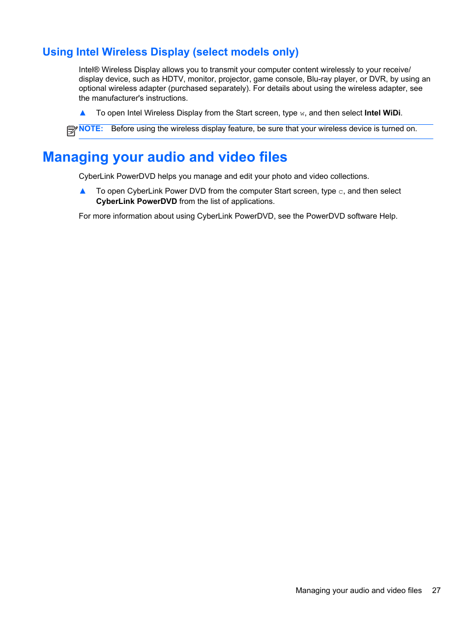 Using intel wireless display (select models only), Managing your audio and video files | HP ENVY m6-1148ca Notebook PC User Manual | Page 37 / 92