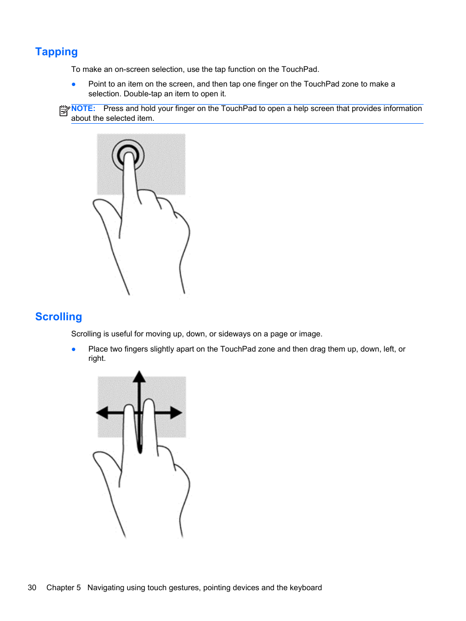 Tapping, Scrolling, Tapping scrolling | HP ENVY m6-1148ca Notebook PC User Manual | Page 40 / 92