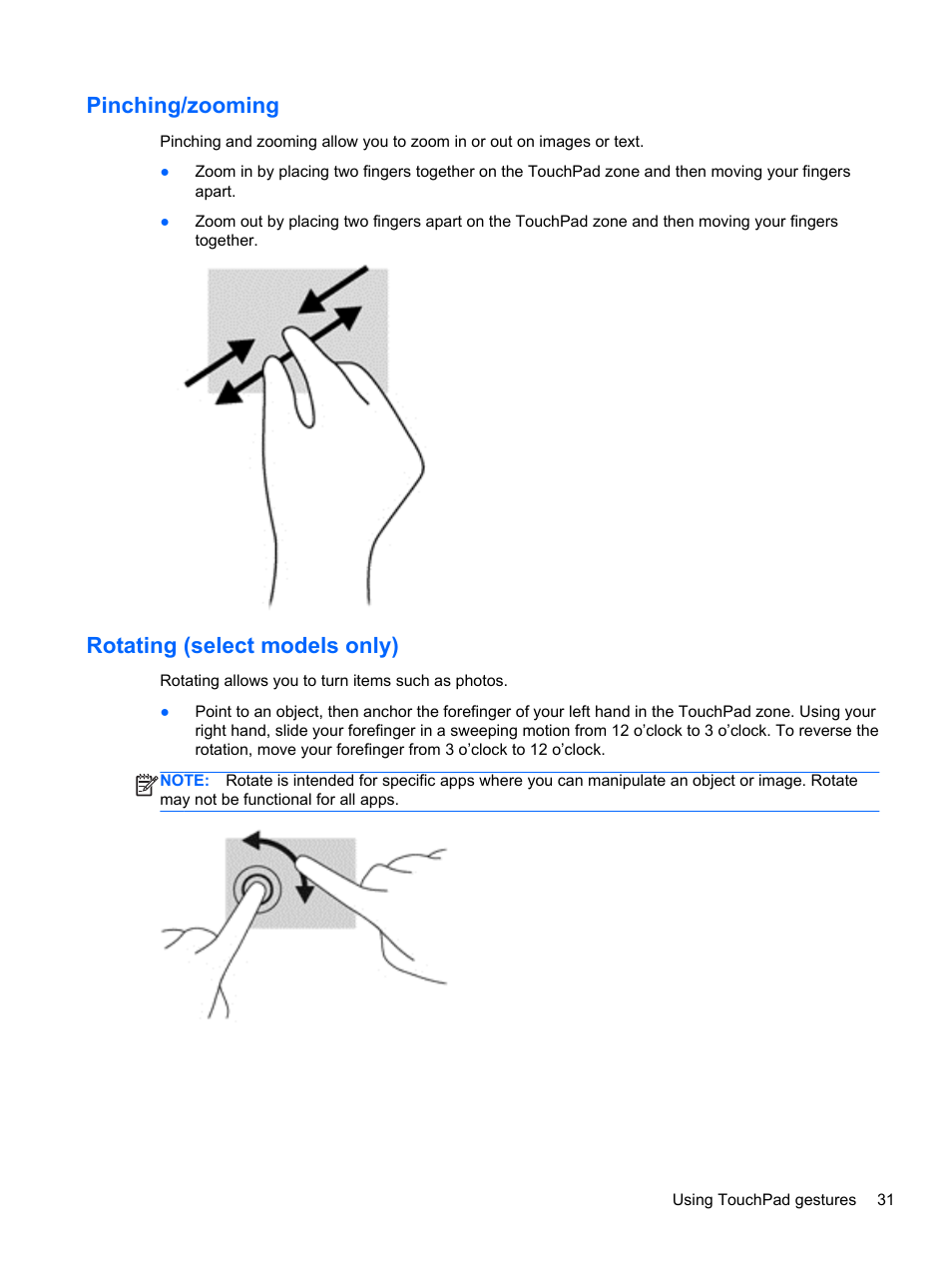 Pinching/zooming, Rotating (select models only), Pinching/zooming rotating (select models only) | HP ENVY m6-1148ca Notebook PC User Manual | Page 41 / 92