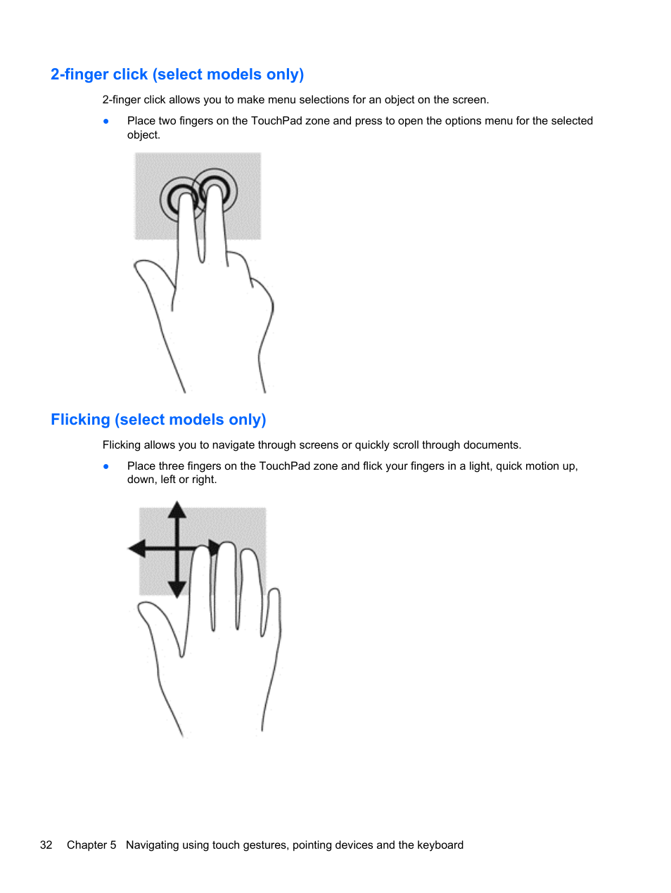 Finger click (select models only), Flicking (select models only) | HP ENVY m6-1148ca Notebook PC User Manual | Page 42 / 92