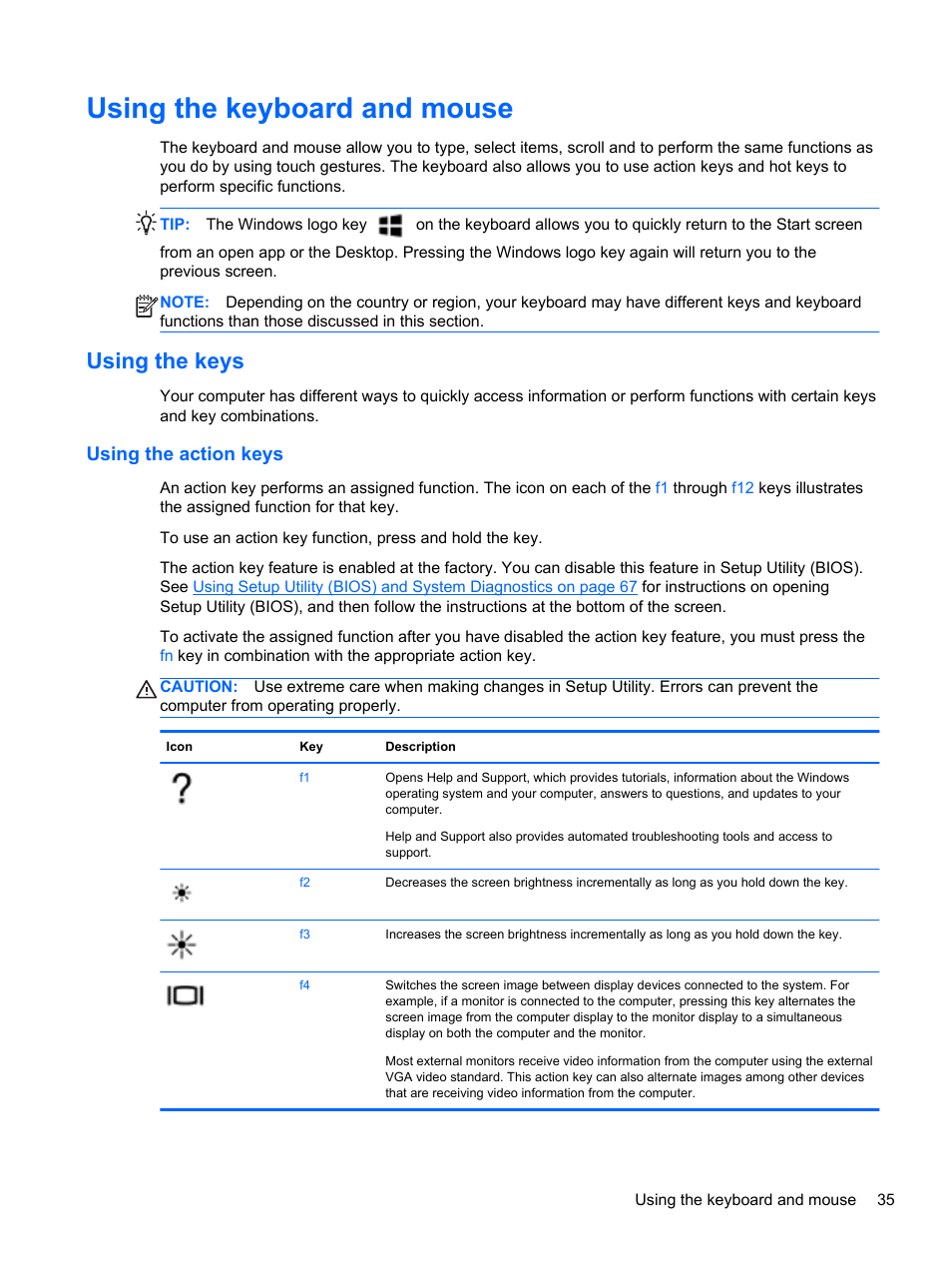 Using the keyboard and mouse, Using the keys, Using the action keys | HP ENVY m6-1148ca Notebook PC User Manual | Page 45 / 92