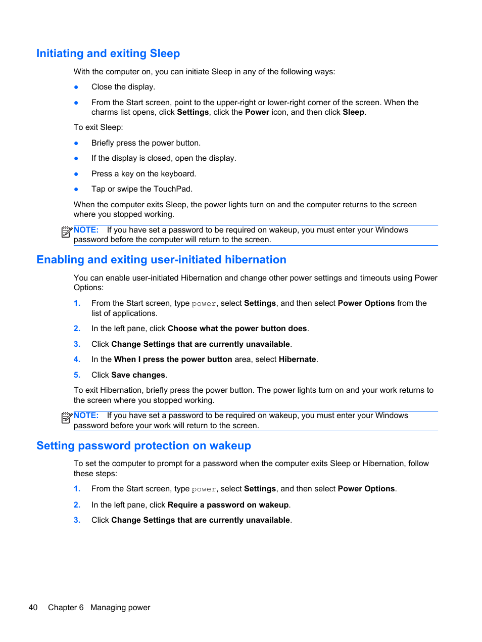 Initiating and exiting sleep, Enabling and exiting user-initiated hibernation, Setting password protection on wakeup | Initiating and, Information, see | HP ENVY m6-1148ca Notebook PC User Manual | Page 50 / 92