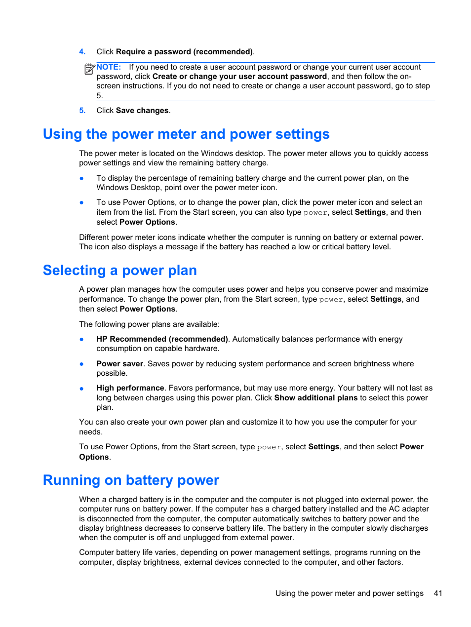 Using the power meter and power settings, Selecting a power plan, Running on battery power | HP ENVY m6-1148ca Notebook PC User Manual | Page 51 / 92