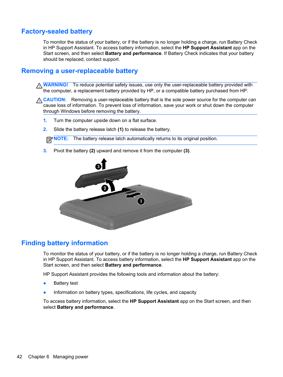 Factory-sealed battery, Removing a user-replaceable battery, Finding battery information | HP ENVY m6-1148ca Notebook PC User Manual | Page 52 / 92