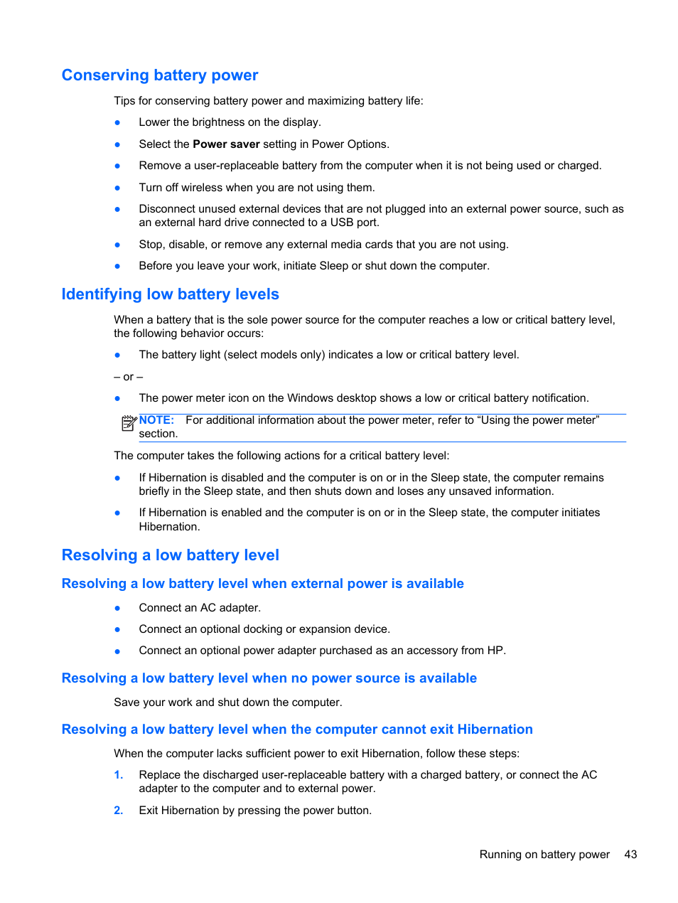 Conserving battery power, Identifying low battery levels, Resolving a low battery level | HP ENVY m6-1148ca Notebook PC User Manual | Page 53 / 92