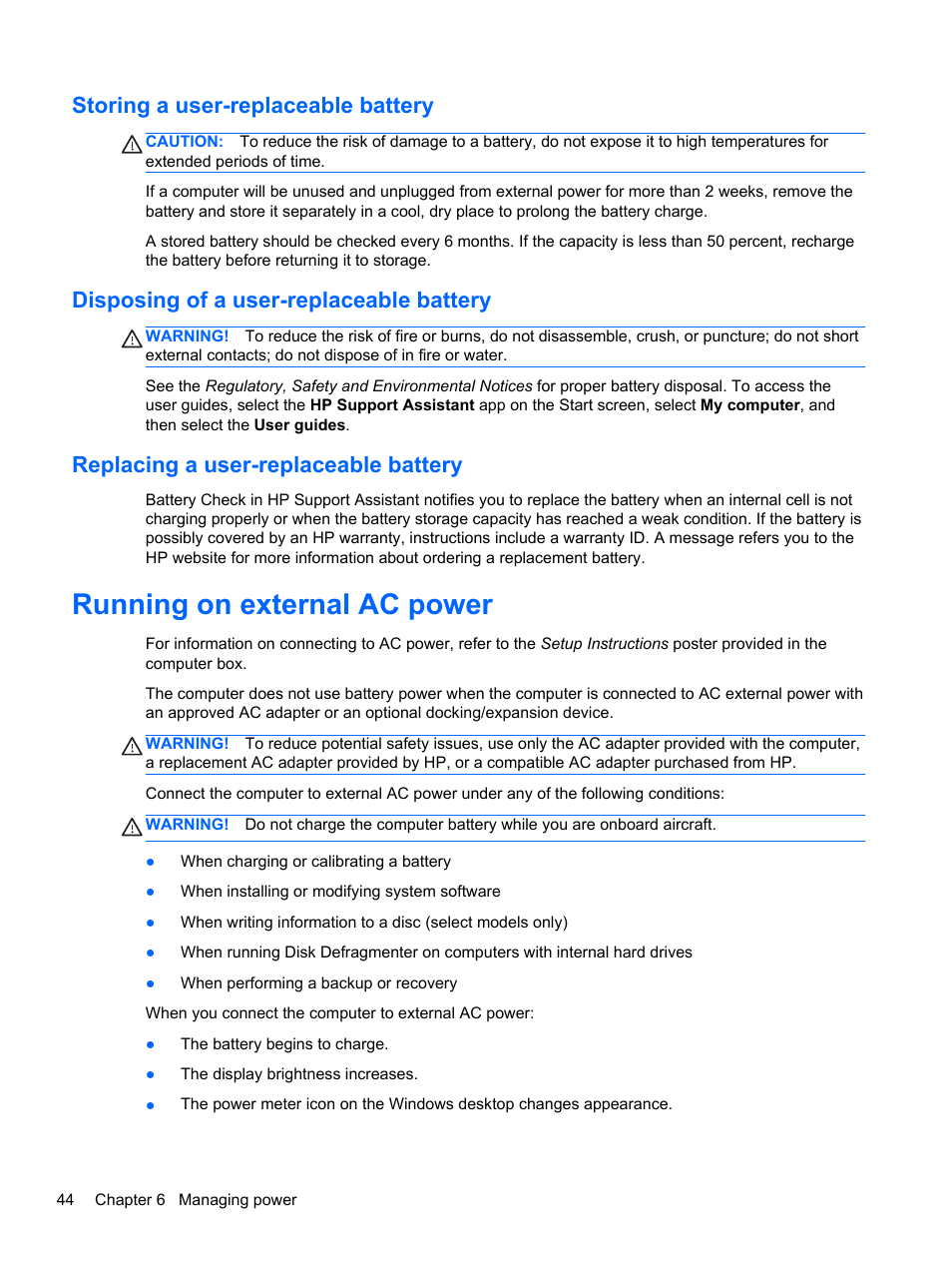 Storing a user-replaceable battery, Disposing of a user-replaceable battery, Replacing a user-replaceable battery | Running on external ac power | HP ENVY m6-1148ca Notebook PC User Manual | Page 54 / 92