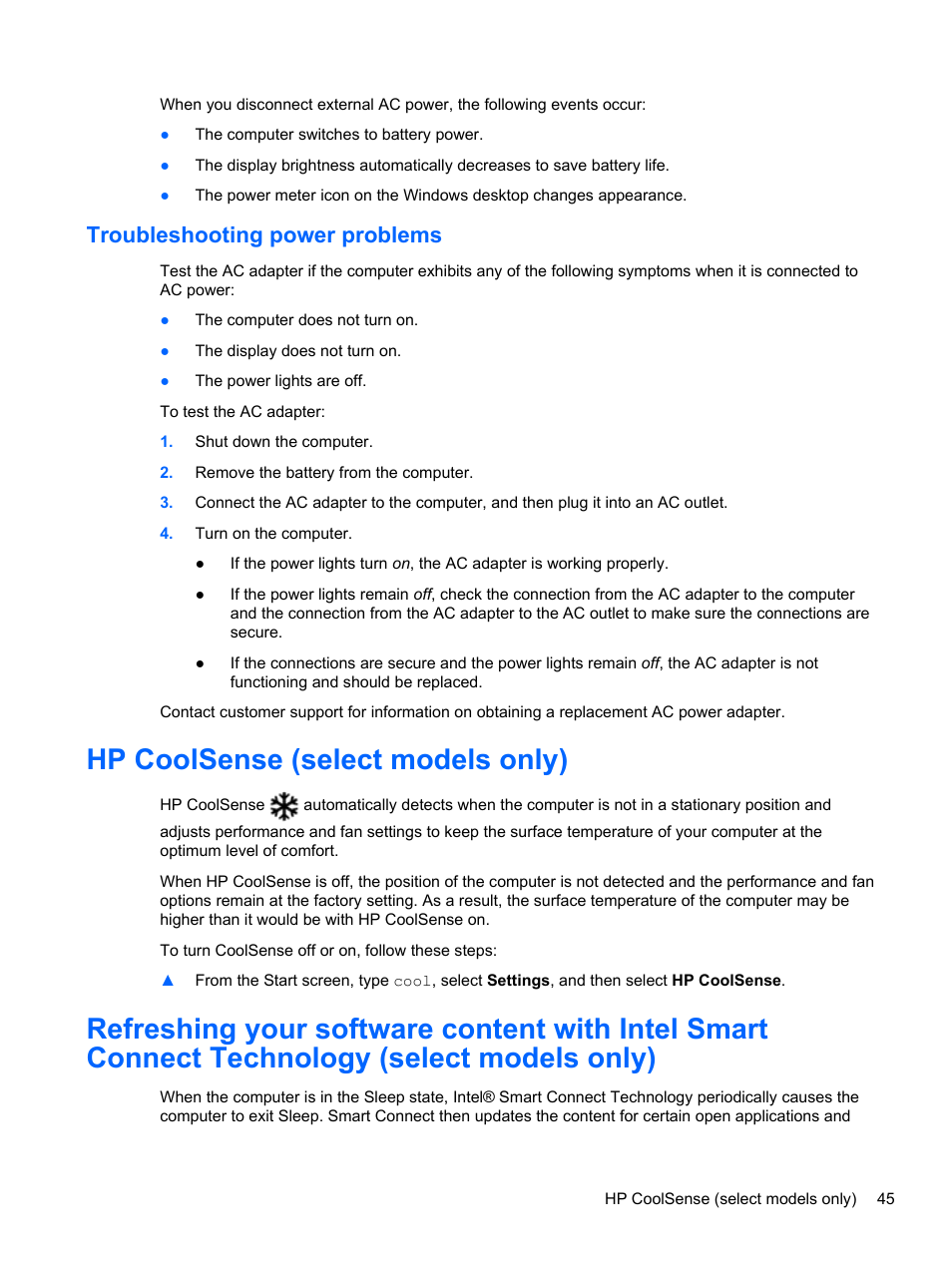 Troubleshooting power problems, Hp coolsense (select models only) | HP ENVY m6-1148ca Notebook PC User Manual | Page 55 / 92