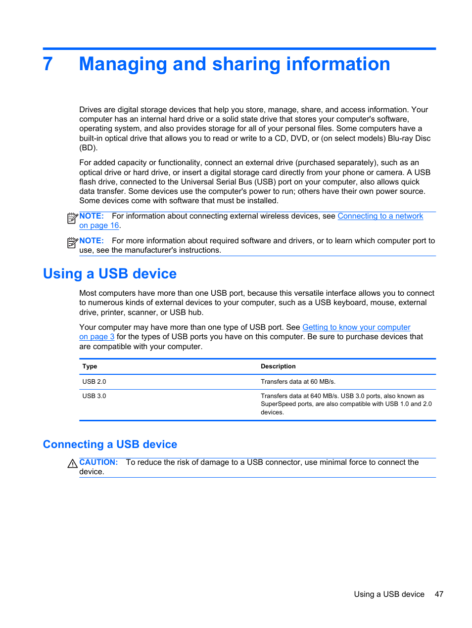 Managing and sharing information, Using a usb device, Connecting a usb device | 7 managing and sharing information, 7managing and sharing information | HP ENVY m6-1148ca Notebook PC User Manual | Page 57 / 92