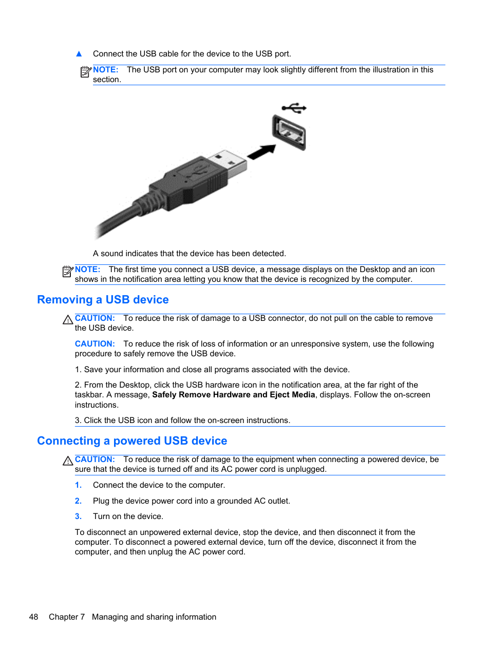 Removing a usb device, Connecting a powered usb device | HP ENVY m6-1148ca Notebook PC User Manual | Page 58 / 92