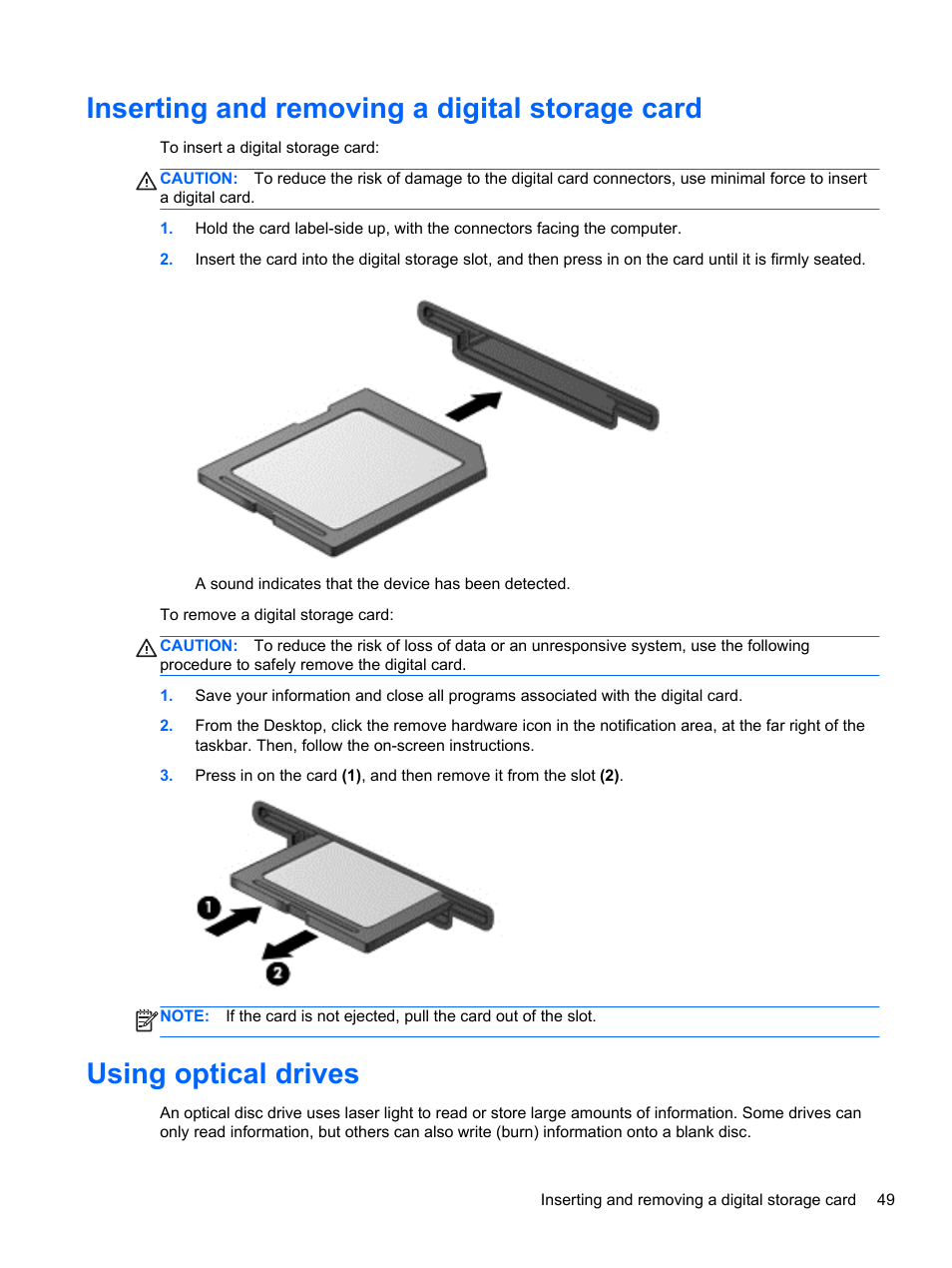 Inserting and removing a digital storage card, Using optical drives | HP ENVY m6-1148ca Notebook PC User Manual | Page 59 / 92