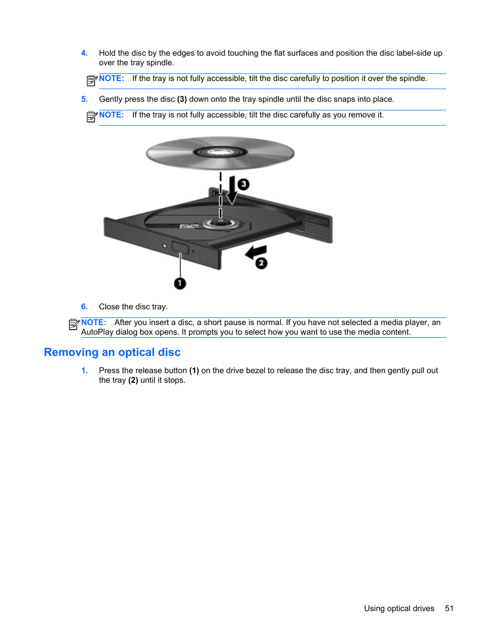 Removing an optical disc | HP ENVY m6-1148ca Notebook PC User Manual | Page 61 / 92