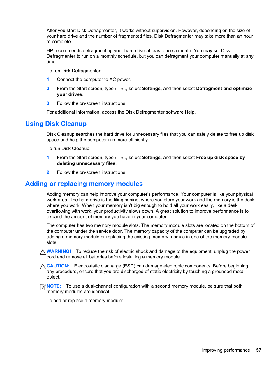 Using disk cleanup, Adding or replacing memory modules | HP ENVY m6-1148ca Notebook PC User Manual | Page 67 / 92