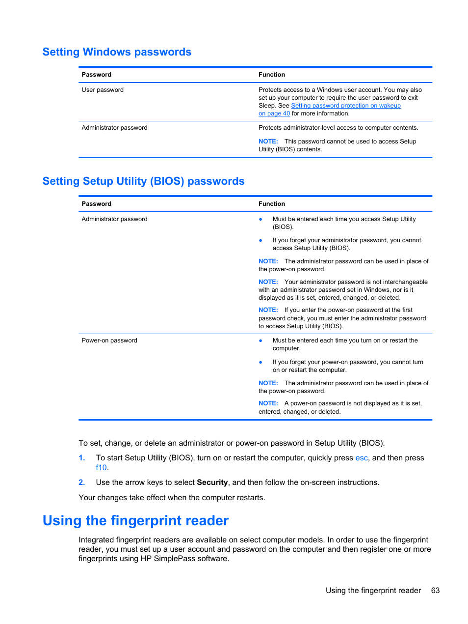 Setting windows passwords, Setting setup utility (bios) passwords, Using the fingerprint reader | HP ENVY m6-1148ca Notebook PC User Manual | Page 73 / 92