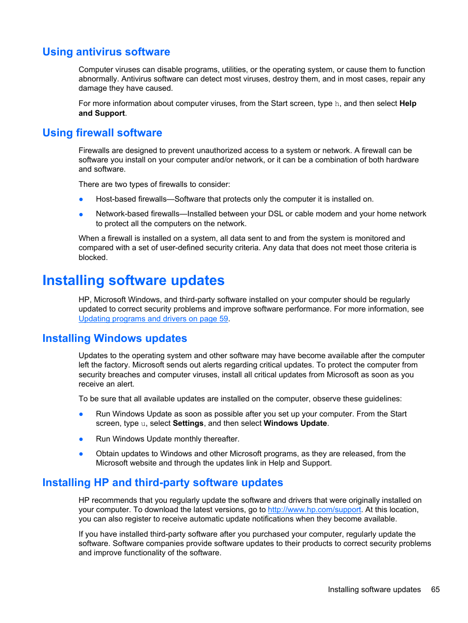 Using antivirus software, Using firewall software, Installing software updates | Installing windows updates, Installing hp and third-party software updates, Using antivirus software using firewall software | HP ENVY m6-1148ca Notebook PC User Manual | Page 75 / 92