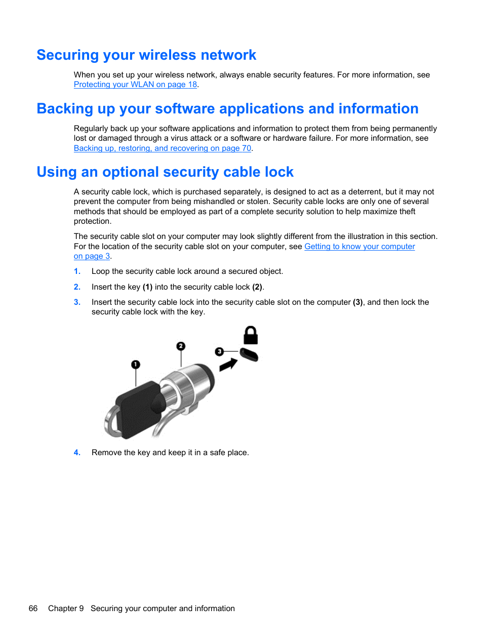 Securing your wireless network, Using an optional security cable lock | HP ENVY m6-1148ca Notebook PC User Manual | Page 76 / 92