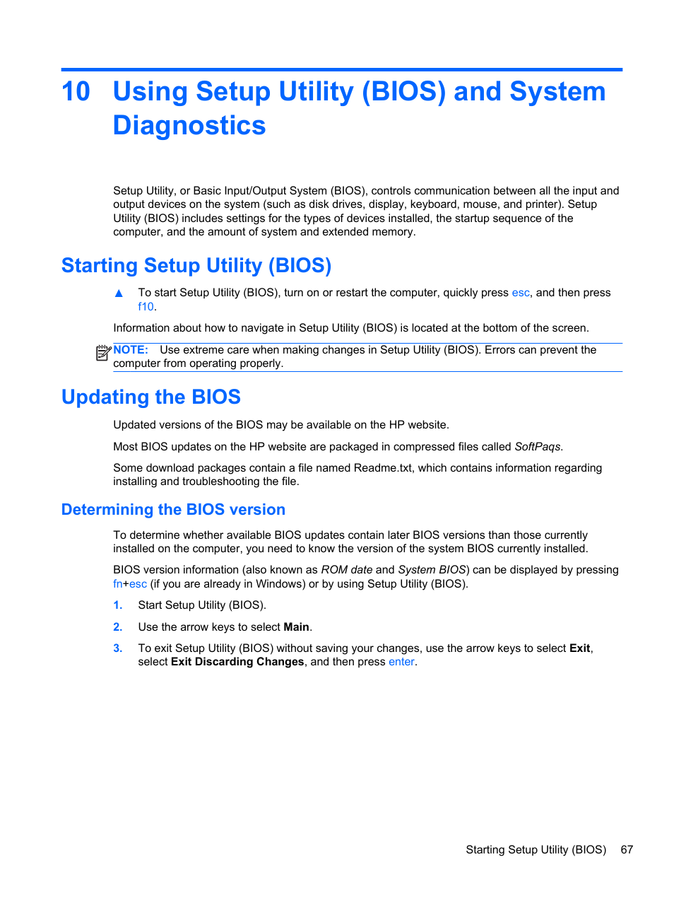 Using setup utility (bios) and system diagnostics, Starting setup utility (bios), Updating the bios | Determining the bios version, Starting setup utility (bios) updating the bios | HP ENVY m6-1148ca Notebook PC User Manual | Page 77 / 92