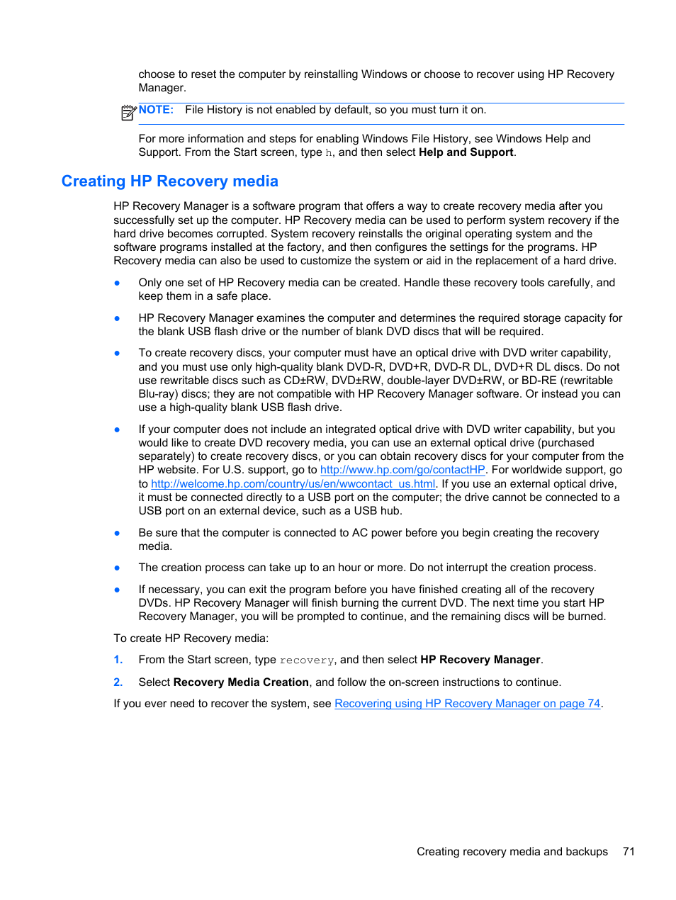 Creating hp recovery media | HP ENVY m6-1148ca Notebook PC User Manual | Page 81 / 92