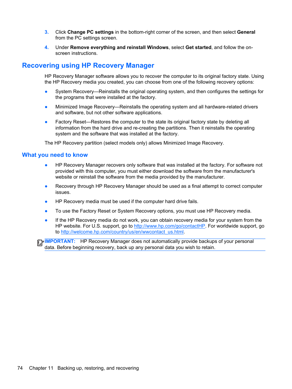Recovering using hp recovery manager, What you need to know | HP ENVY m6-1148ca Notebook PC User Manual | Page 84 / 92
