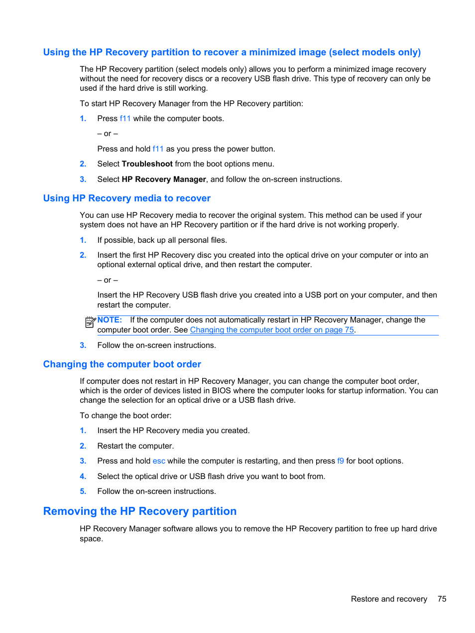 Using hp recovery media to recover, Changing the computer boot order, Removing the hp recovery partition | HP ENVY m6-1148ca Notebook PC User Manual | Page 85 / 92