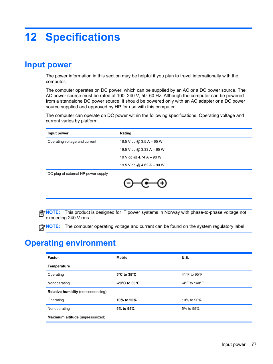 Specifications, Input power, Operating environment | 12 specifications, Input power operating environment | HP ENVY m6-1148ca Notebook PC User Manual | Page 87 / 92