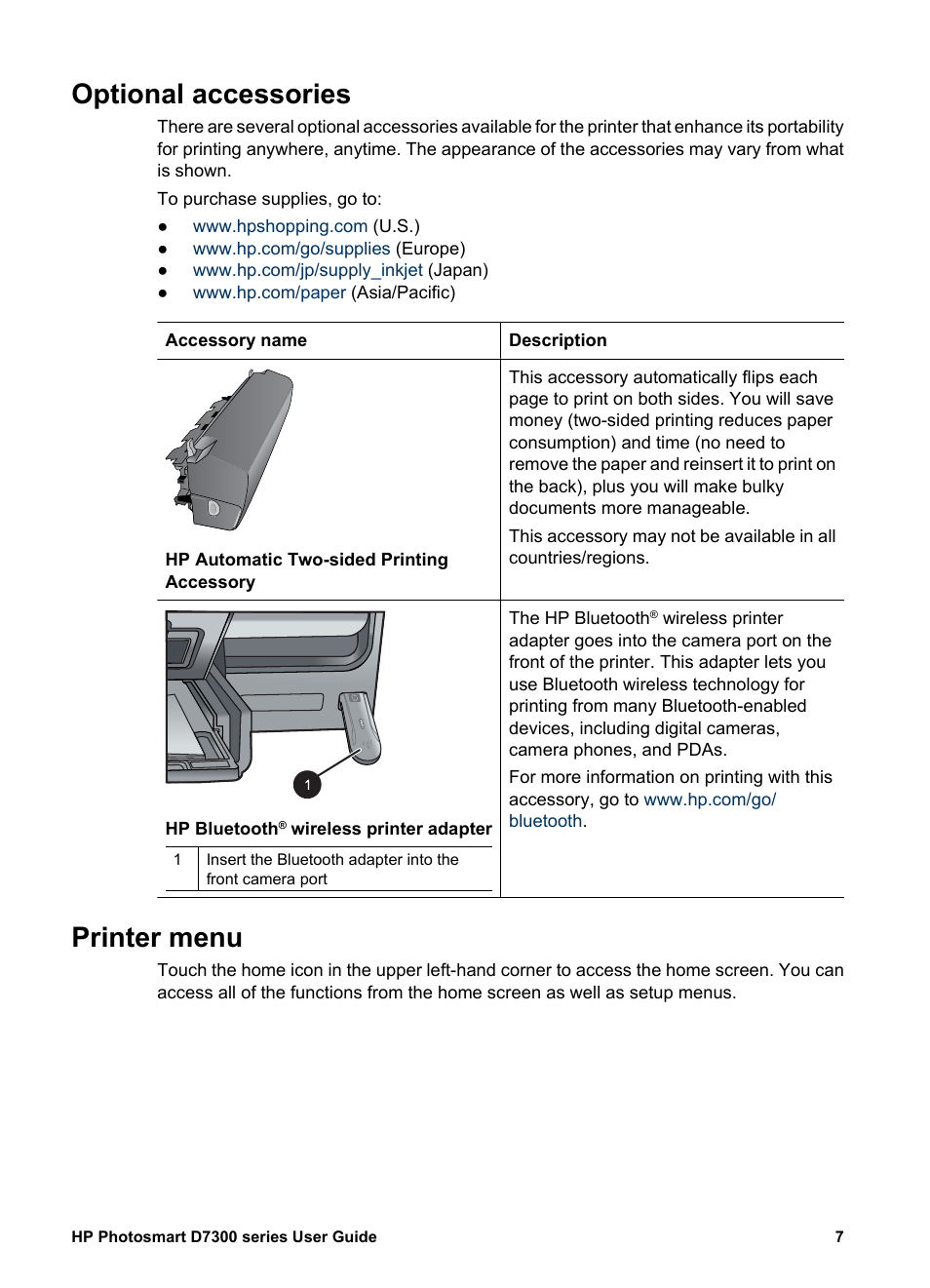 Optional accessories, Printer menu, Optional accessories printer menu | Print save share settings | HP Photosmart D7360 Printer User Manual | Page 10 / 71