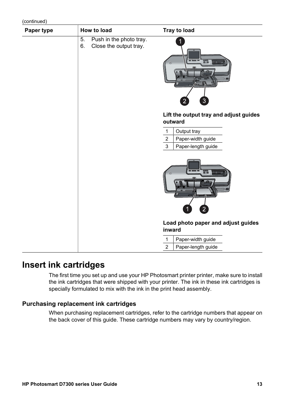 Insert ink cartridges, Purchasing replacement ink cartridges | HP Photosmart D7360 Printer User Manual | Page 16 / 71