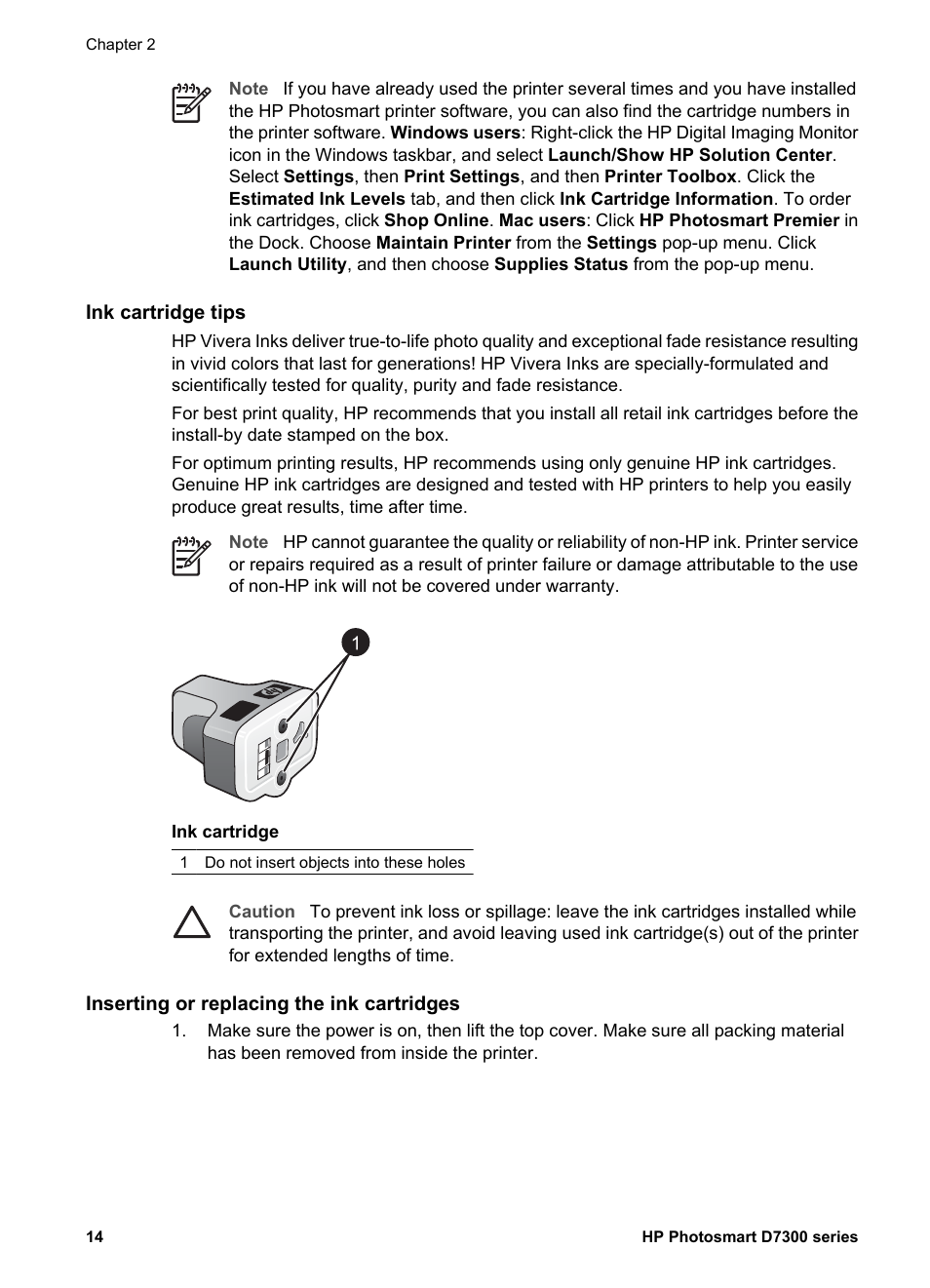 Ink cartridge tips, Inserting or replacing the ink cartridges | HP Photosmart D7360 Printer User Manual | Page 17 / 71