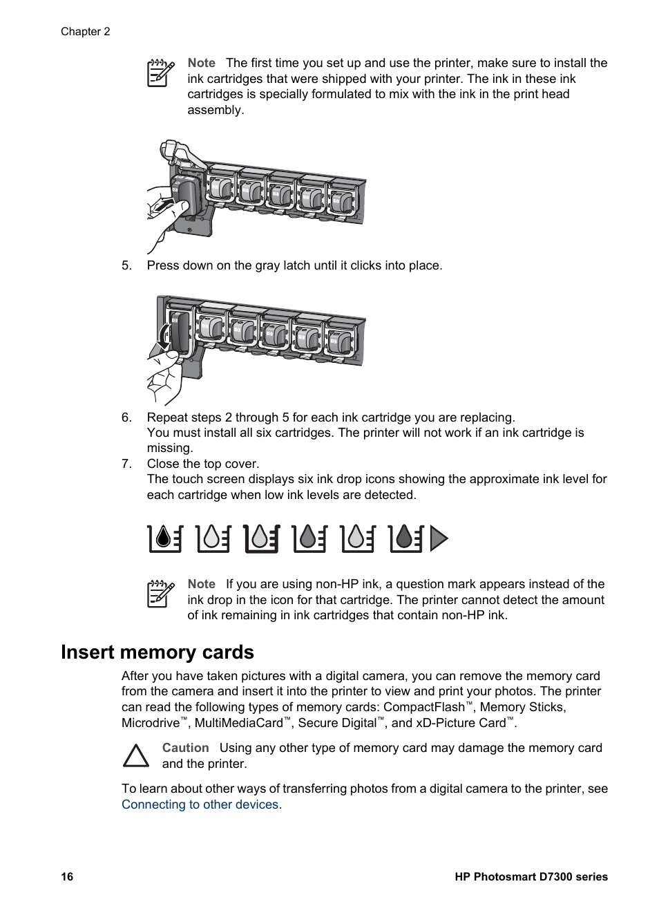 Insert memory cards | HP Photosmart D7360 Printer User Manual | Page 19 / 71