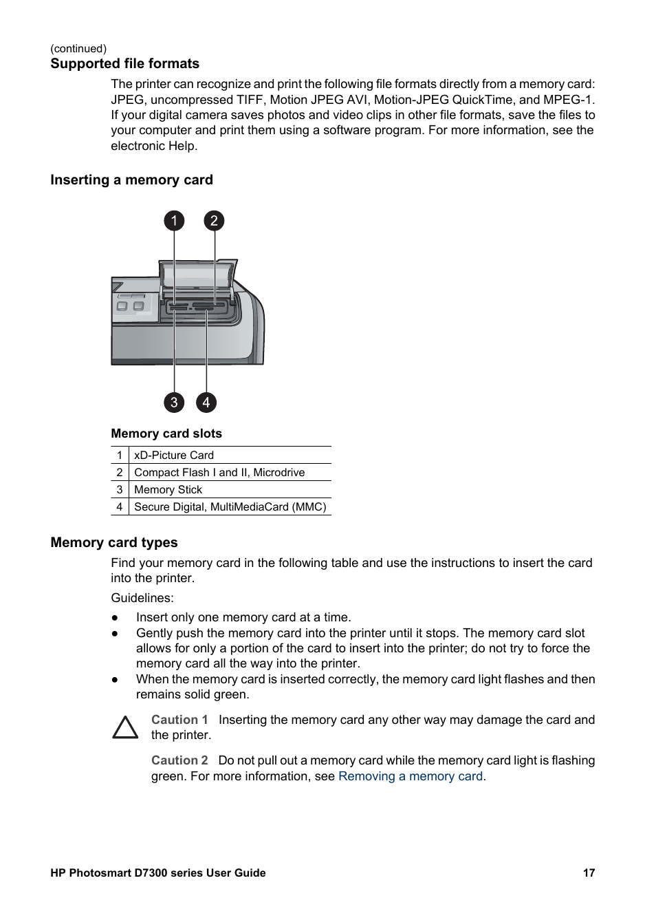 Supported file formats, Inserting a memory card, Memory card types | HP Photosmart D7360 Printer User Manual | Page 20 / 71