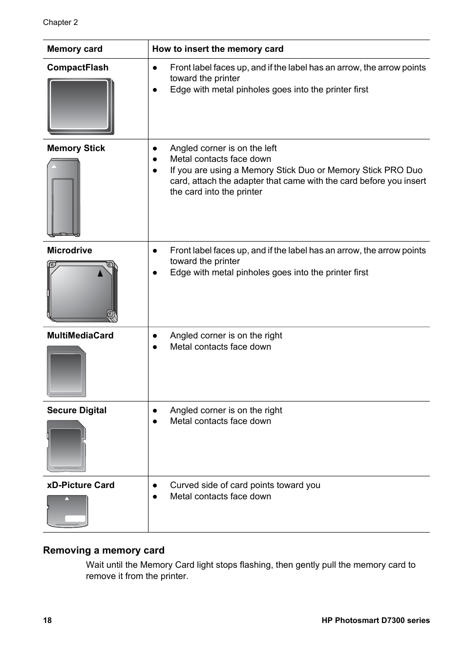 Removing a memory card | HP Photosmart D7360 Printer User Manual | Page 21 / 71