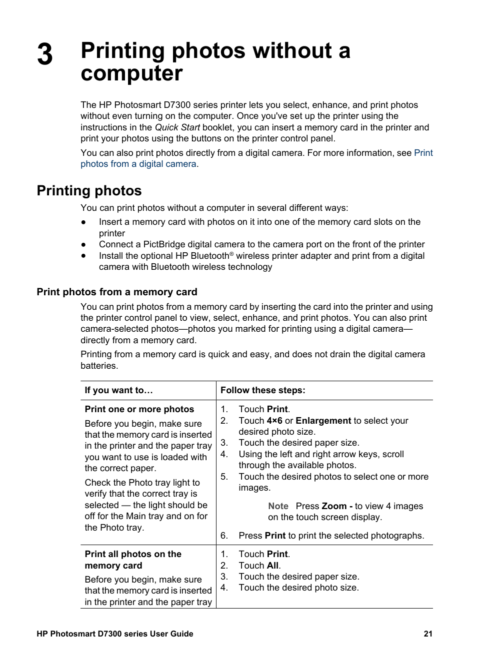 Printing photos without a computer, Printing photos, Print photos from a memory card | Printing photos without a computer printing photos | HP Photosmart D7360 Printer User Manual | Page 24 / 71