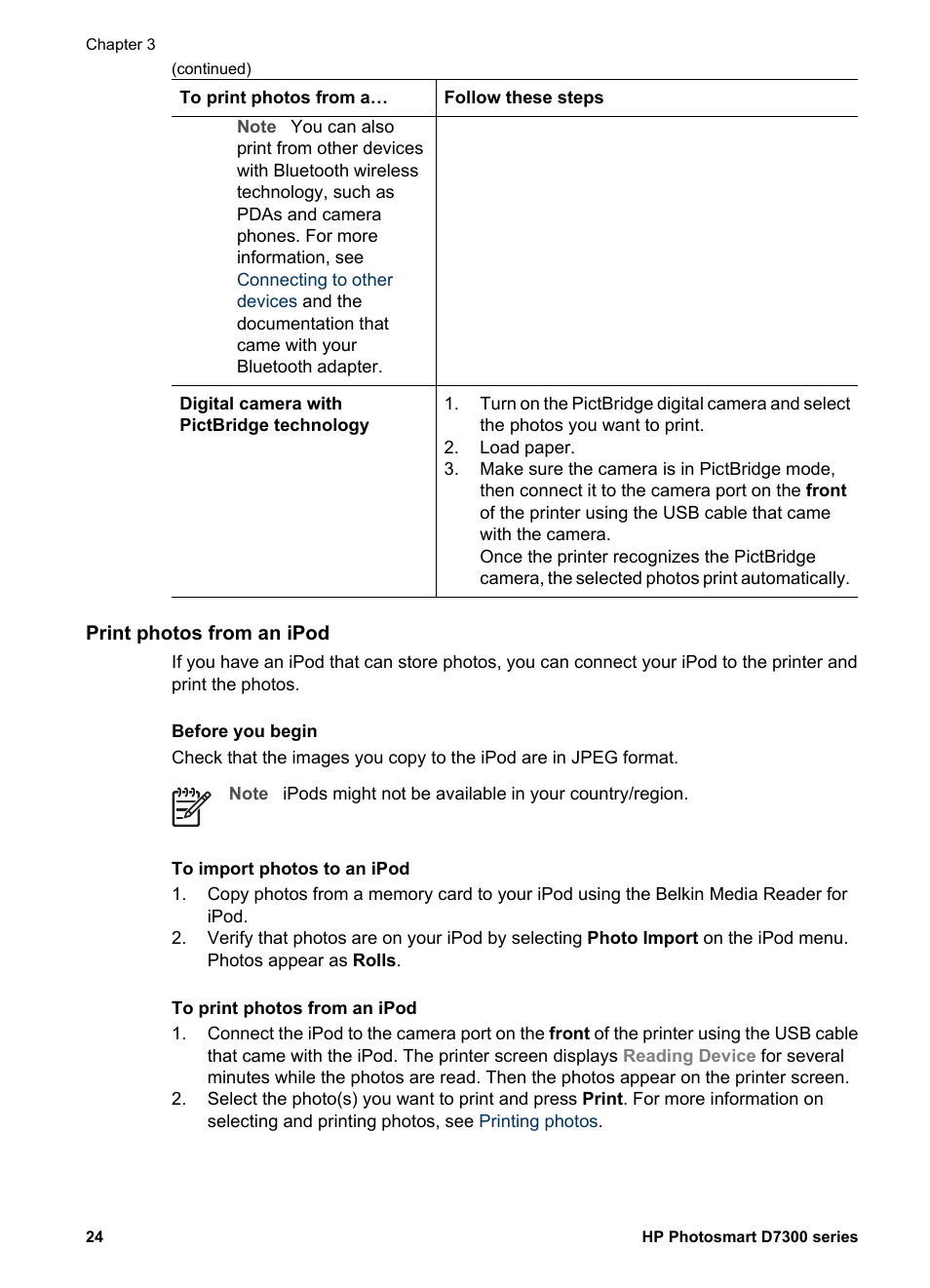 Print photos from an ipod | HP Photosmart D7360 Printer User Manual | Page 27 / 71