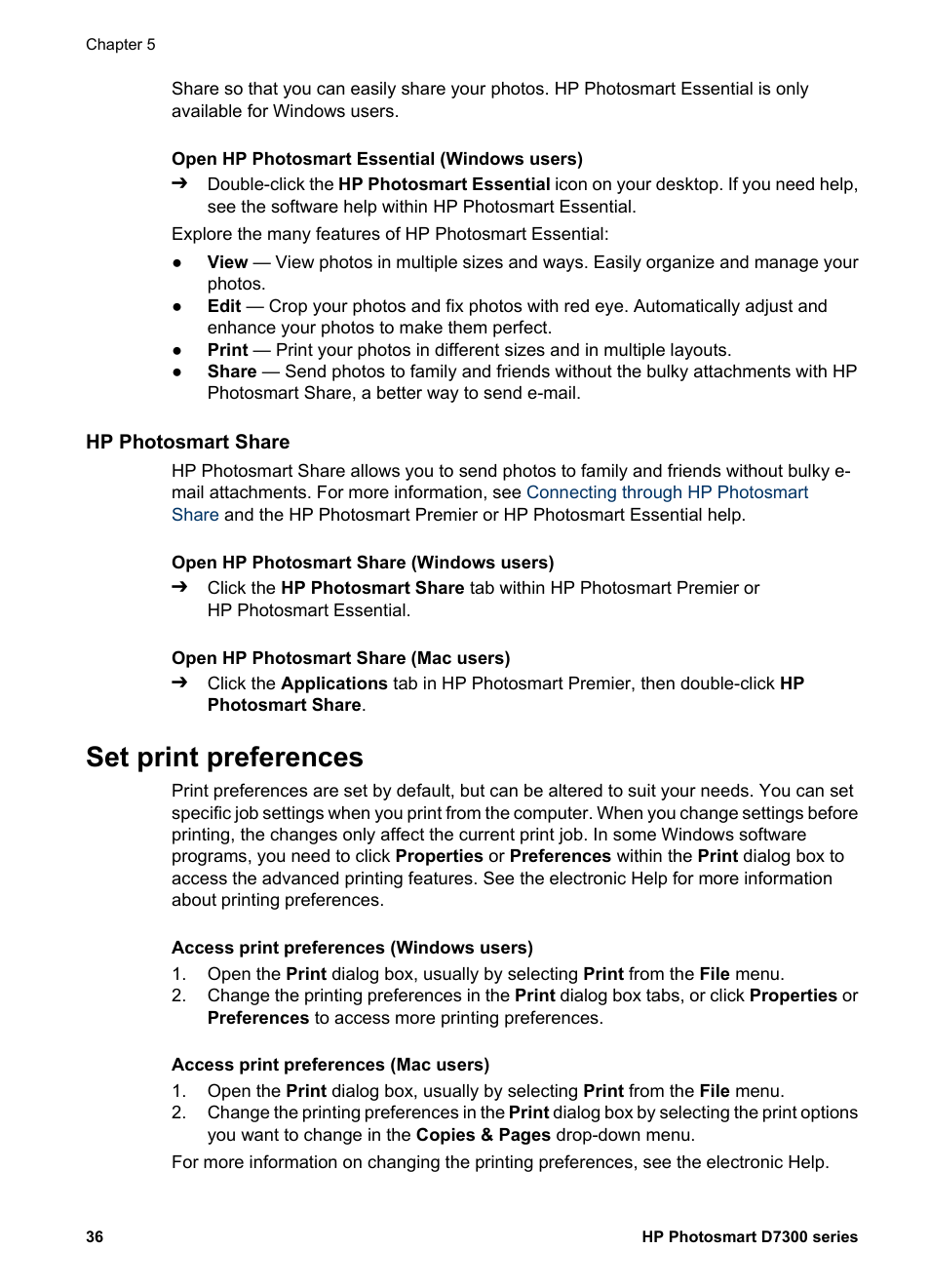 Hp photosmart share, Set print preferences, Open the electronic help | HP Photosmart D7360 Printer User Manual | Page 39 / 71