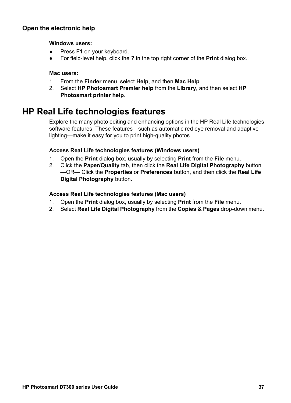 Open the electronic help, Hp real life technologies features | HP Photosmart D7360 Printer User Manual | Page 40 / 71