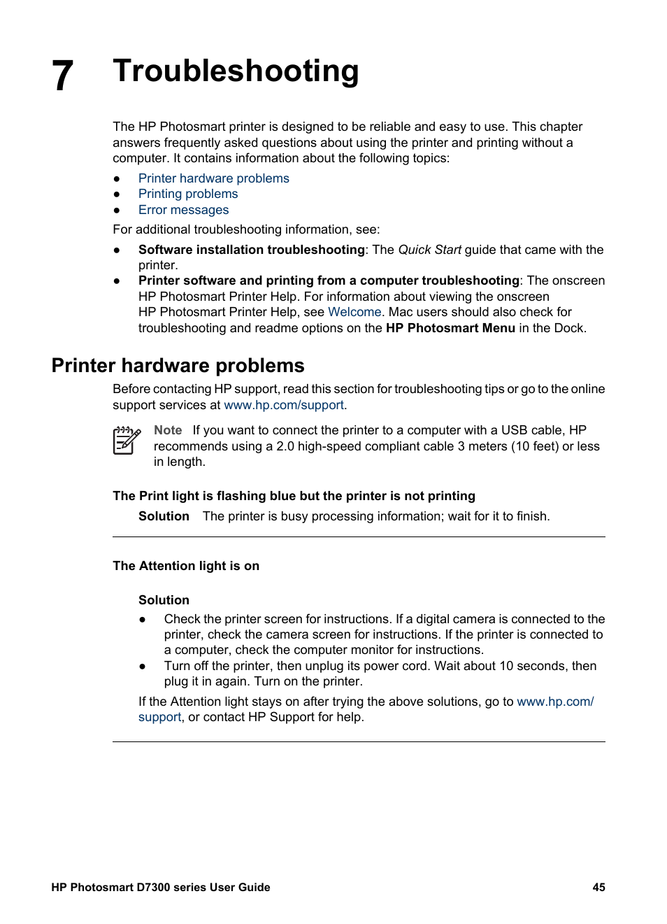 Troubleshooting, Printer hardware problems, Troubleshooting printer hardware problems | HP Photosmart D7360 Printer User Manual | Page 48 / 71