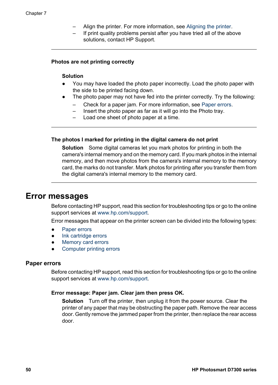 Error messages, Paper errors | HP Photosmart D7360 Printer User Manual | Page 53 / 71