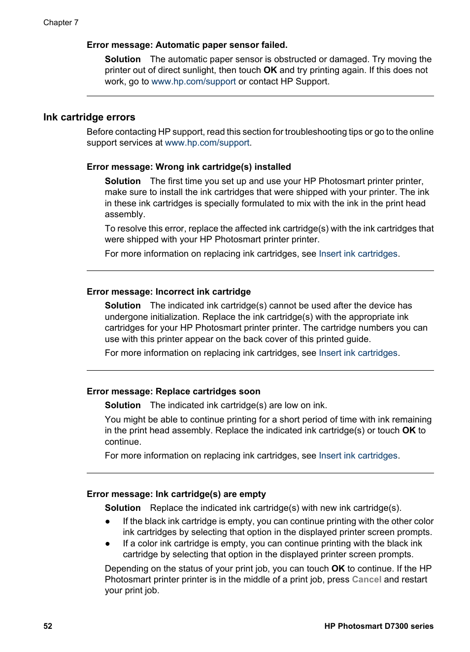 Ink cartridge errors | HP Photosmart D7360 Printer User Manual | Page 55 / 71