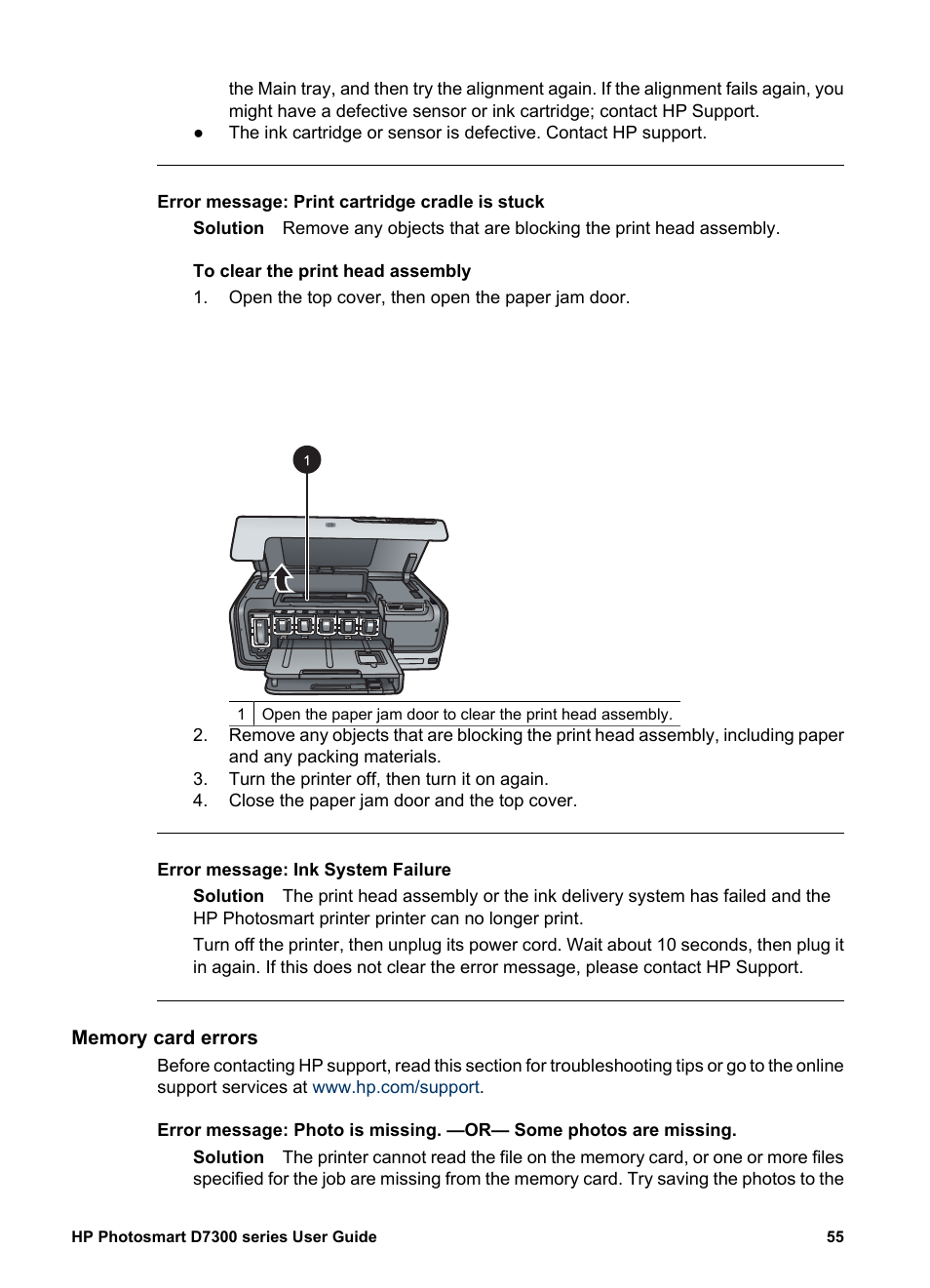 Memory card errors | HP Photosmart D7360 Printer User Manual | Page 58 / 71