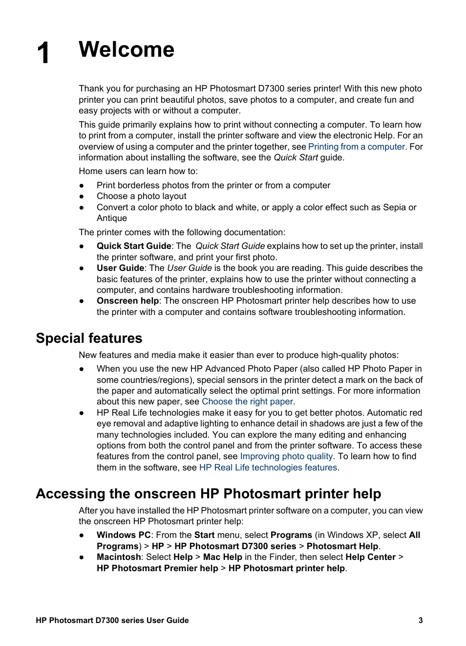 Welcome, Special features, Accessing the onscreen hp photosmart printer help | HP Photosmart D7360 Printer User Manual | Page 6 / 71