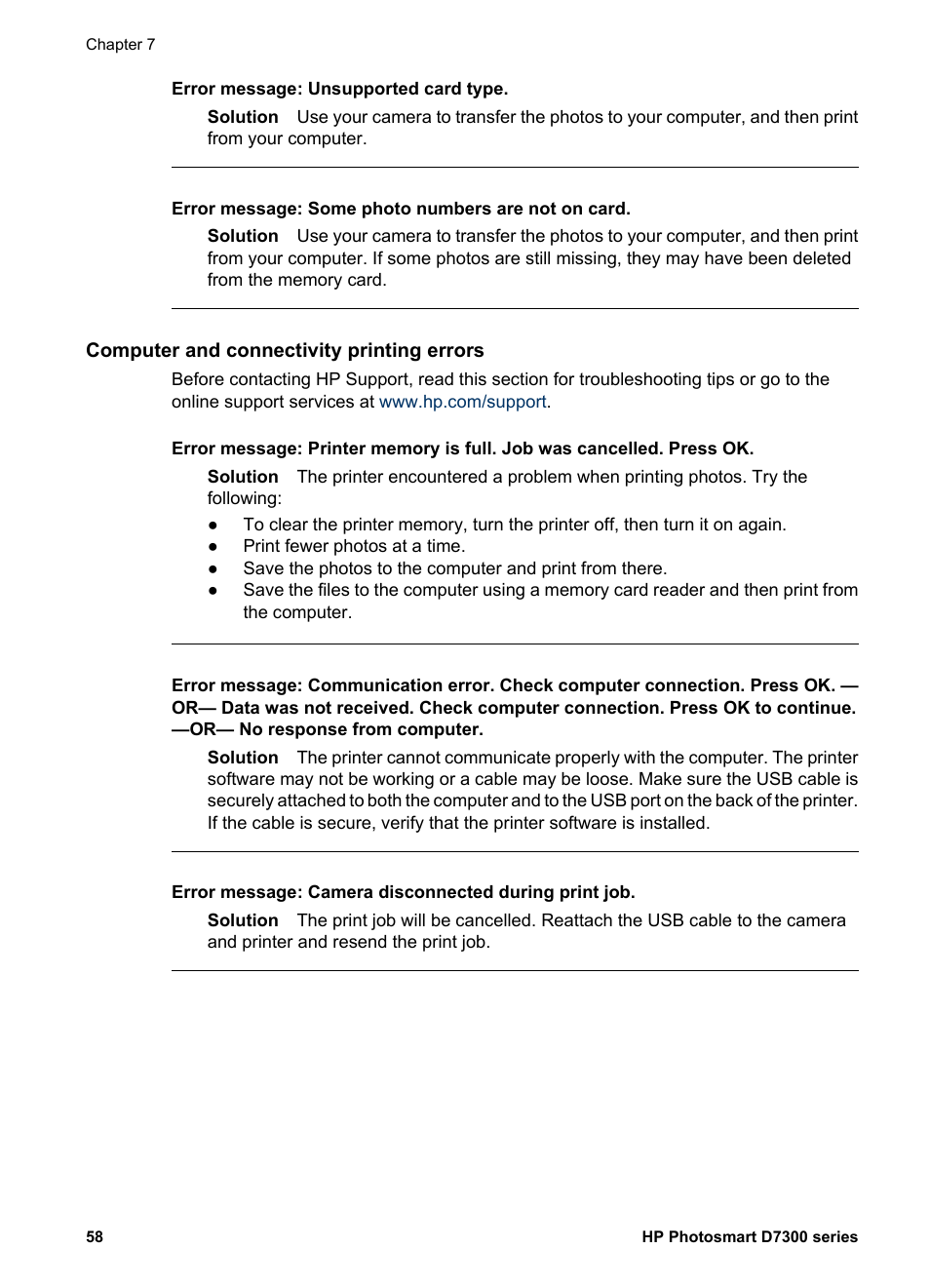 Computer and connectivity printing errors, Computer printing errors | HP Photosmart D7360 Printer User Manual | Page 61 / 71