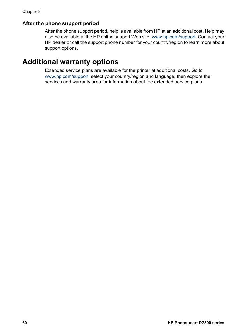 After the phone support period, Additional warranty options | HP Photosmart D7360 Printer User Manual | Page 63 / 71