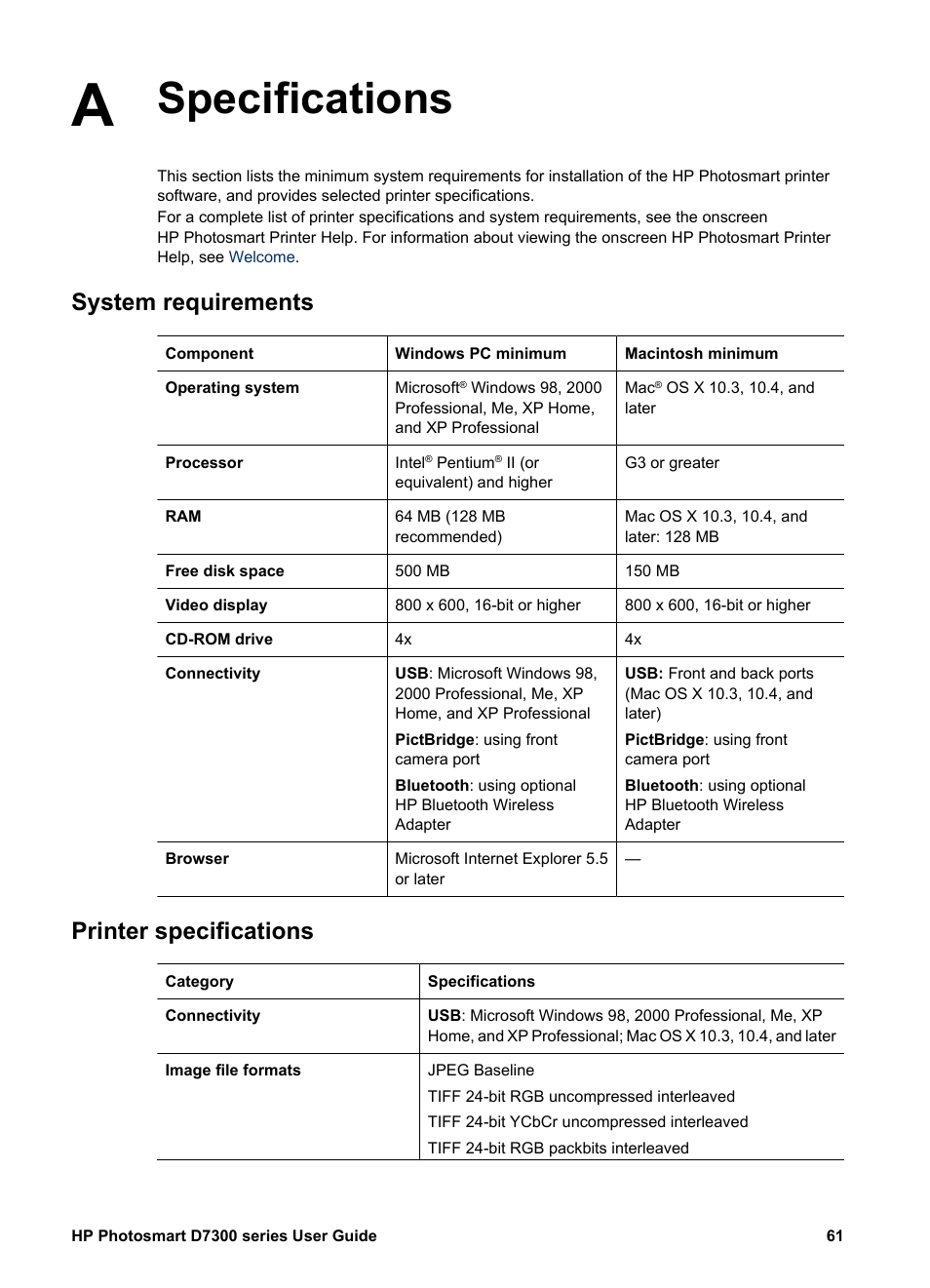 Specifications, System requirements, Printer specifications | Printer | HP Photosmart D7360 Printer User Manual | Page 64 / 71