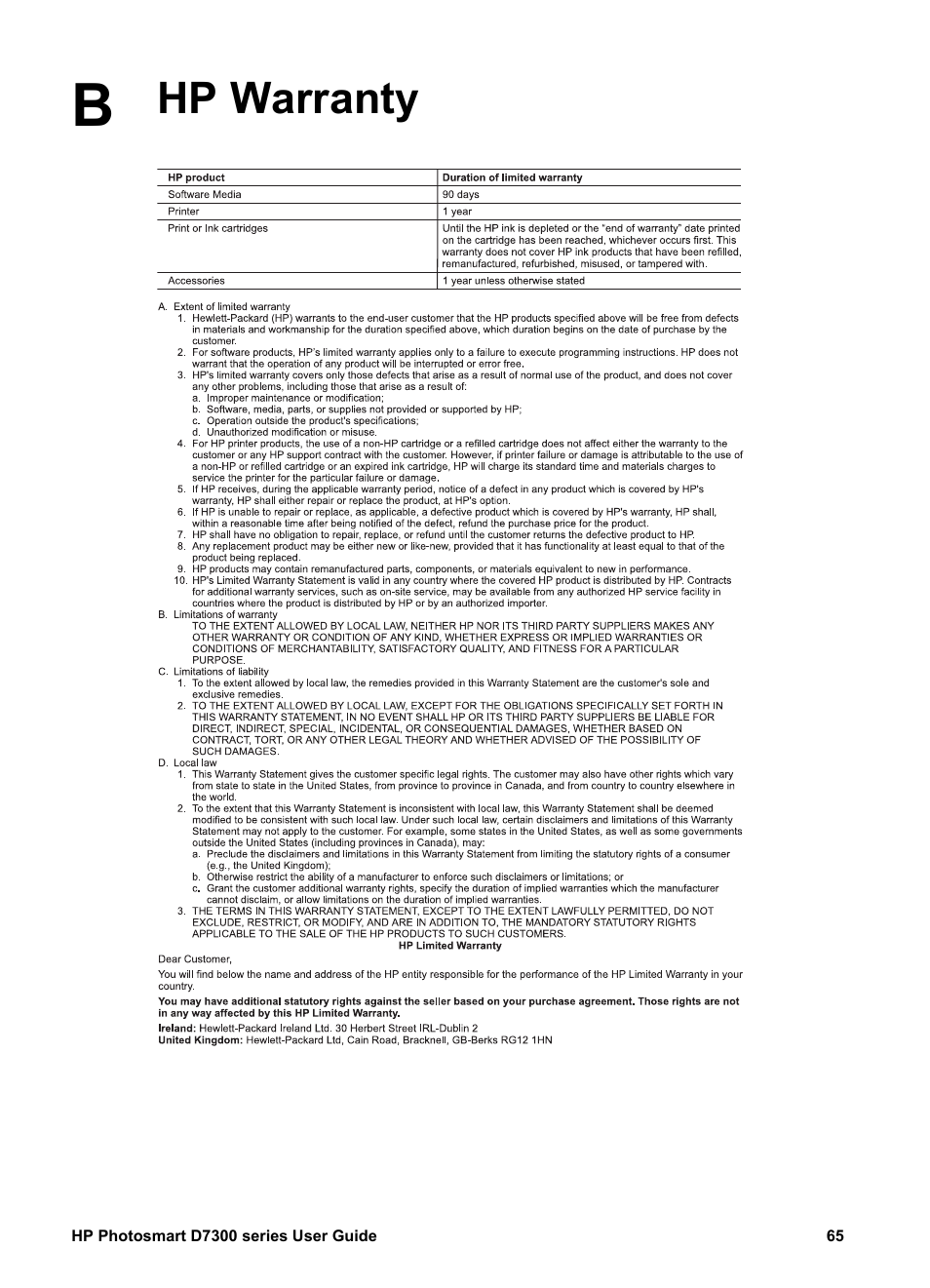 Hp warranty | HP Photosmart D7360 Printer User Manual | Page 68 / 71