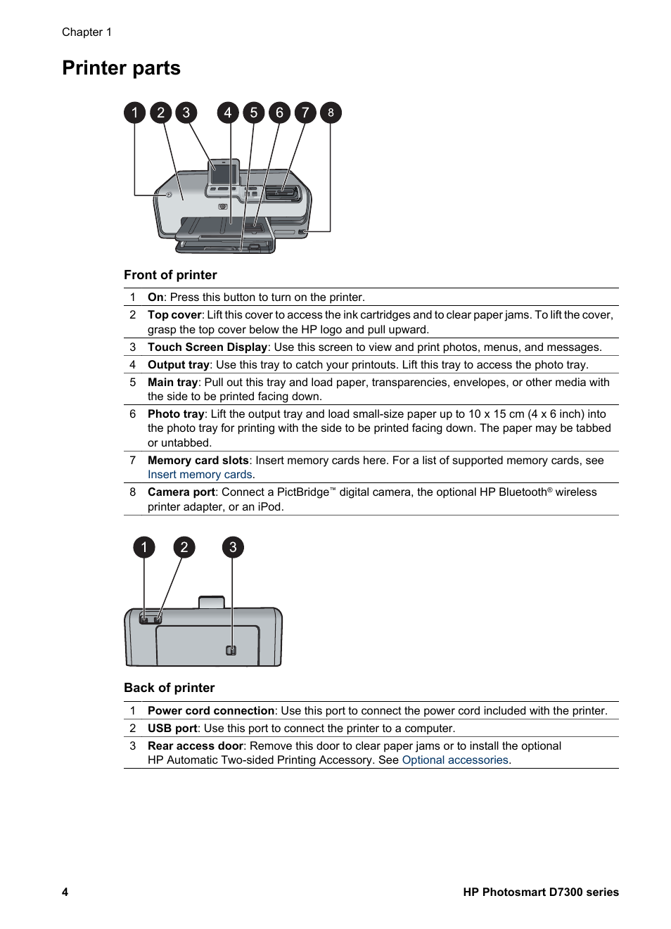 Printer parts | HP Photosmart D7360 Printer User Manual | Page 7 / 71