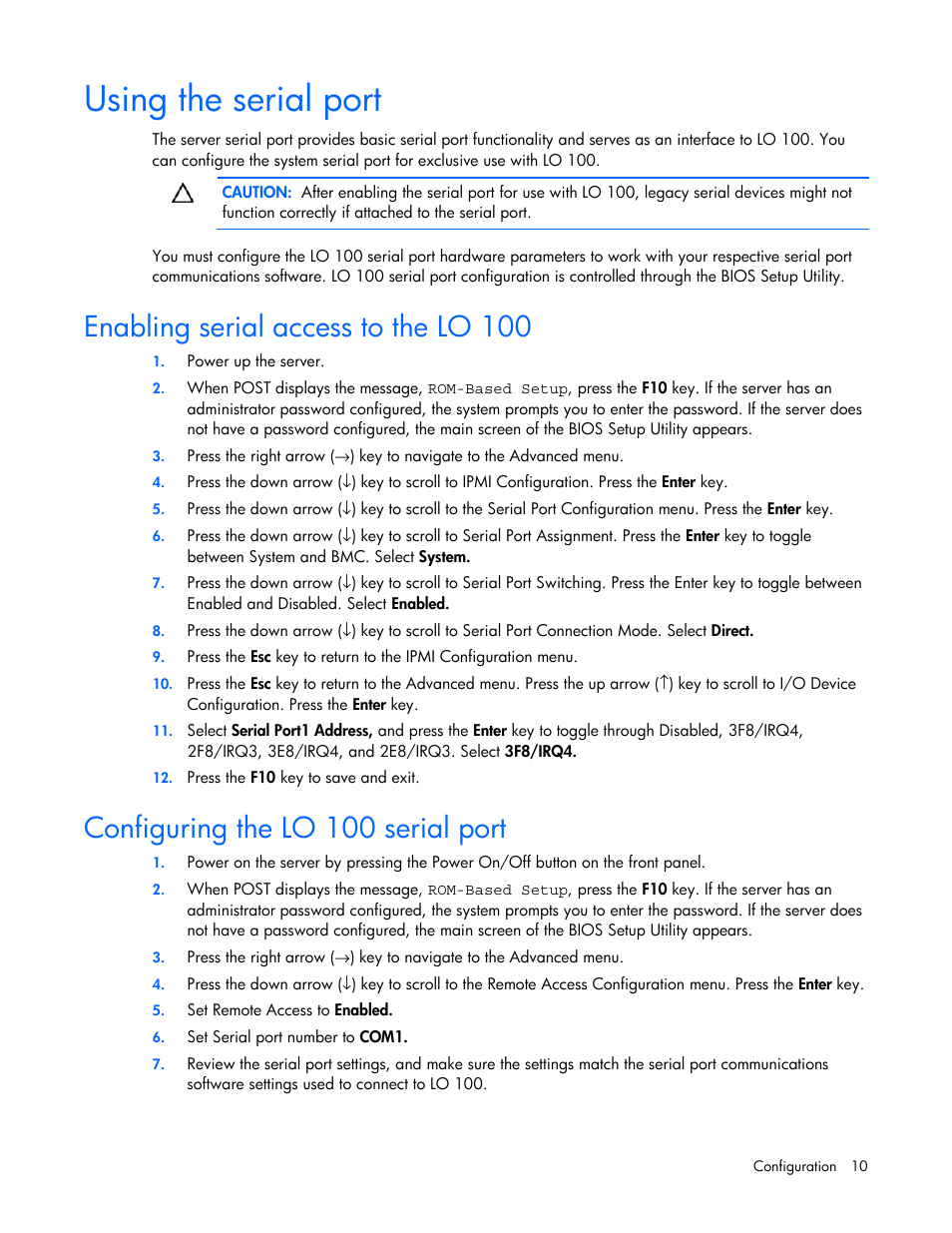 Using the serial port, Enabling serial access to the lo 100, Configuring the lo 100 serial port | HP Lights-Out 100 Remote Management User Manual | Page 10 / 52